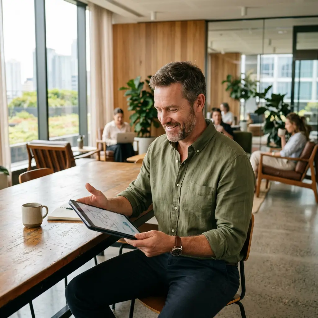 Strata manager reviewing building plans on a tablet