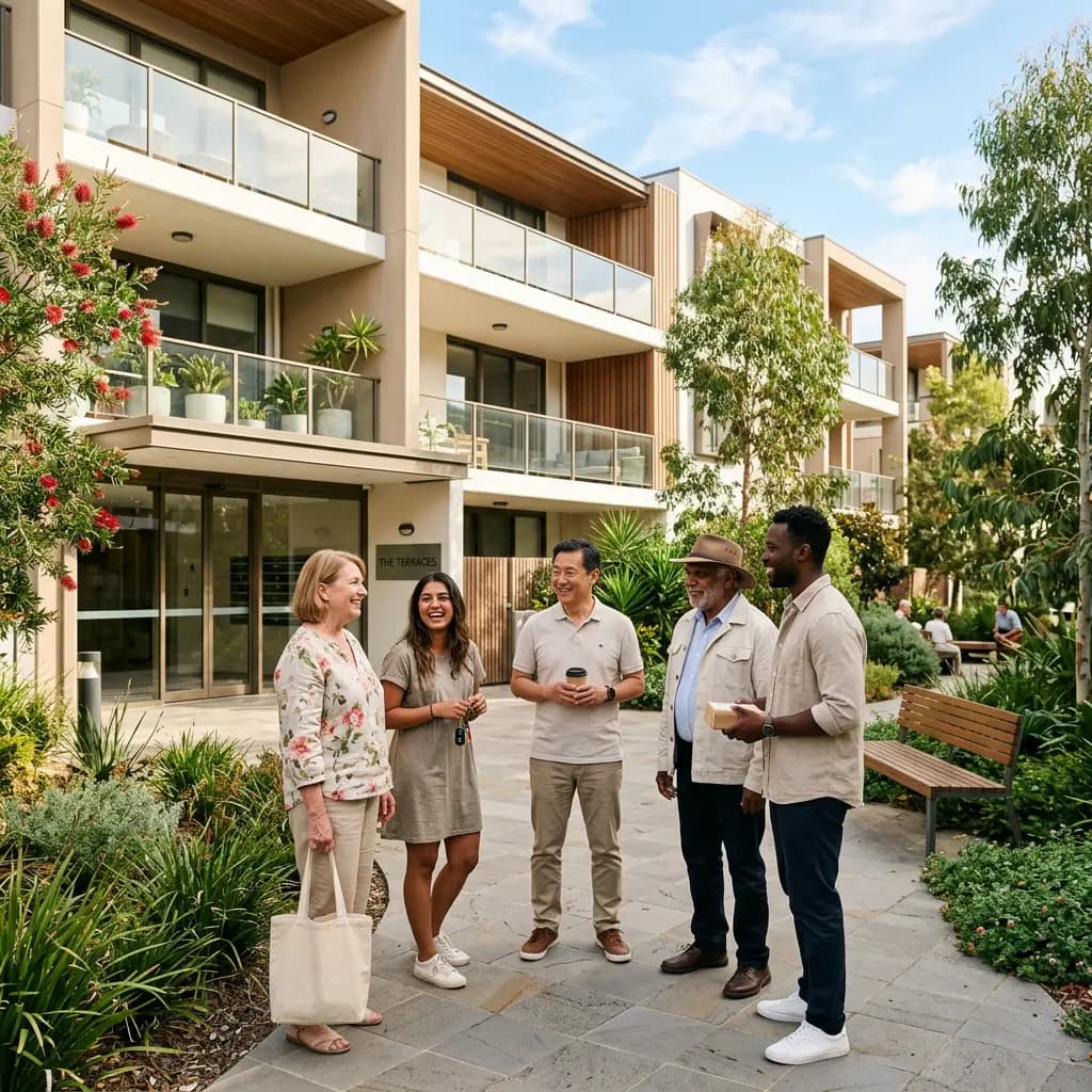 Residents chatting outside a modern Australian apartment complex