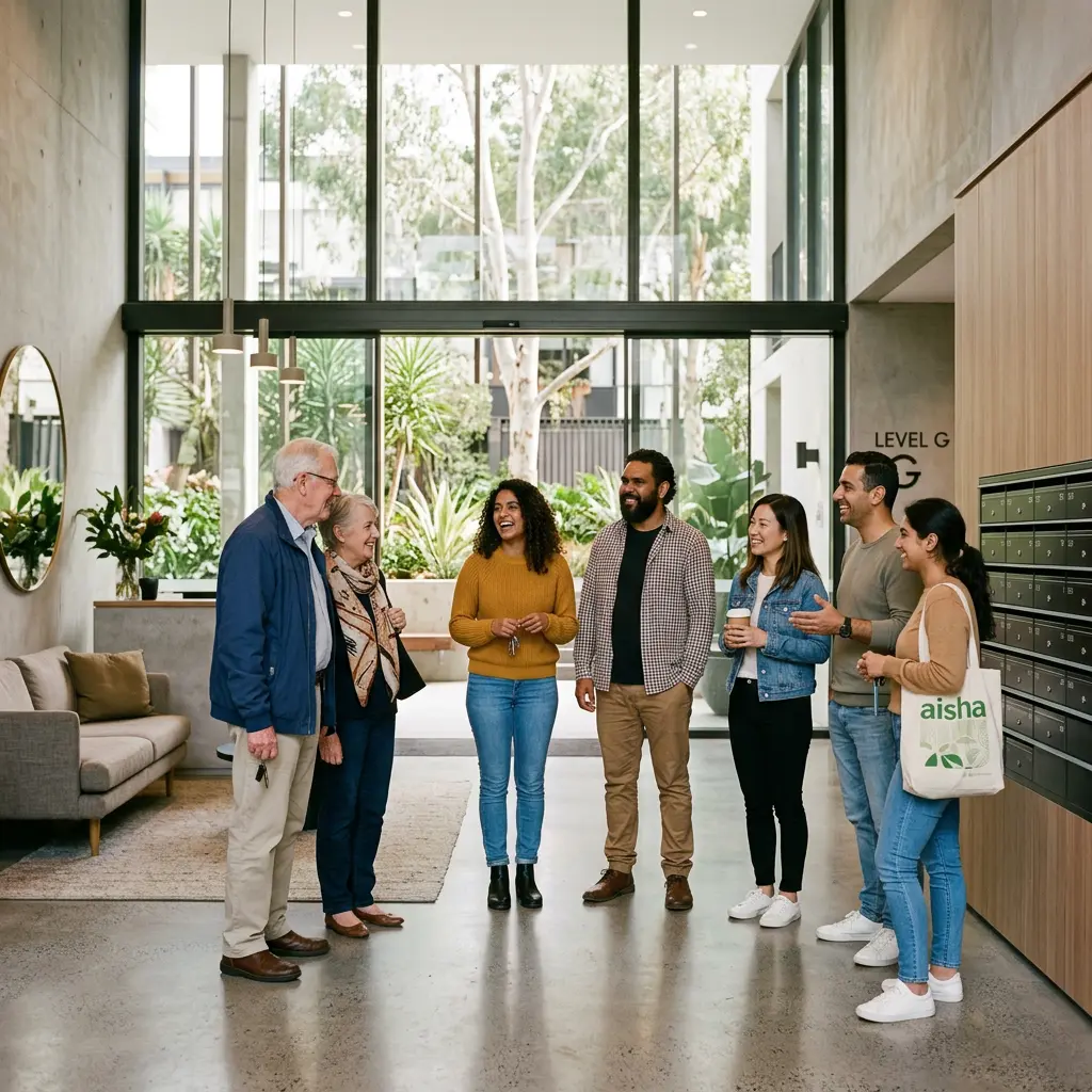 Diverse group of apartment owners chatting in a modern strata building lobby