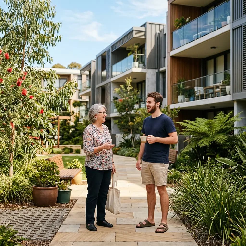 Neighbours chatting along a garden pathway in a strata complex